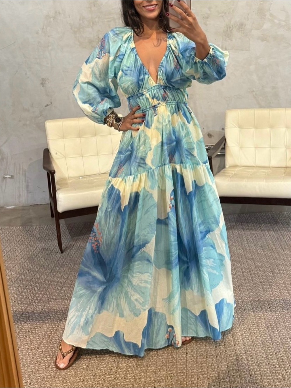 FARM Rio Aqua & Cream Floral V-Neck Maxi Dress Size S